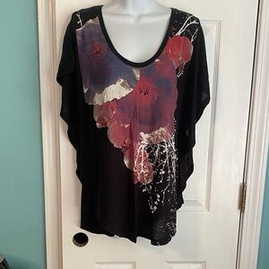 Free People Black Top with Red and Purple Floral Design with batwing sleeves